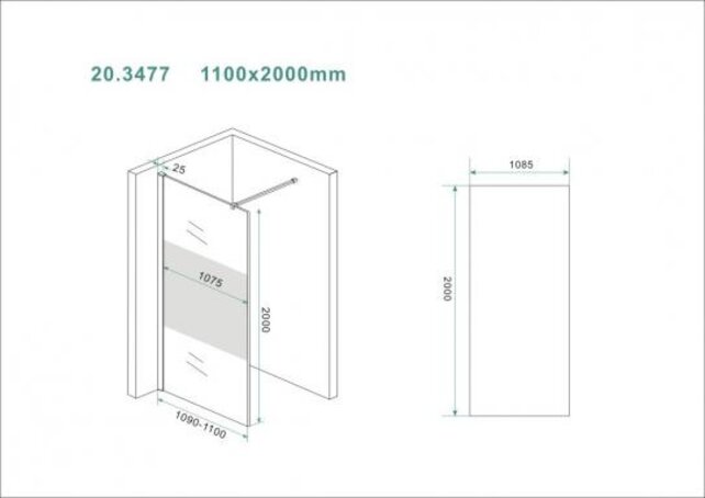 Wiesbaden Inloopdouche Douchewand Slim Helder glas met melkglas 110cm - 8mm veiligheidsglas met antikalk - 20.3477
