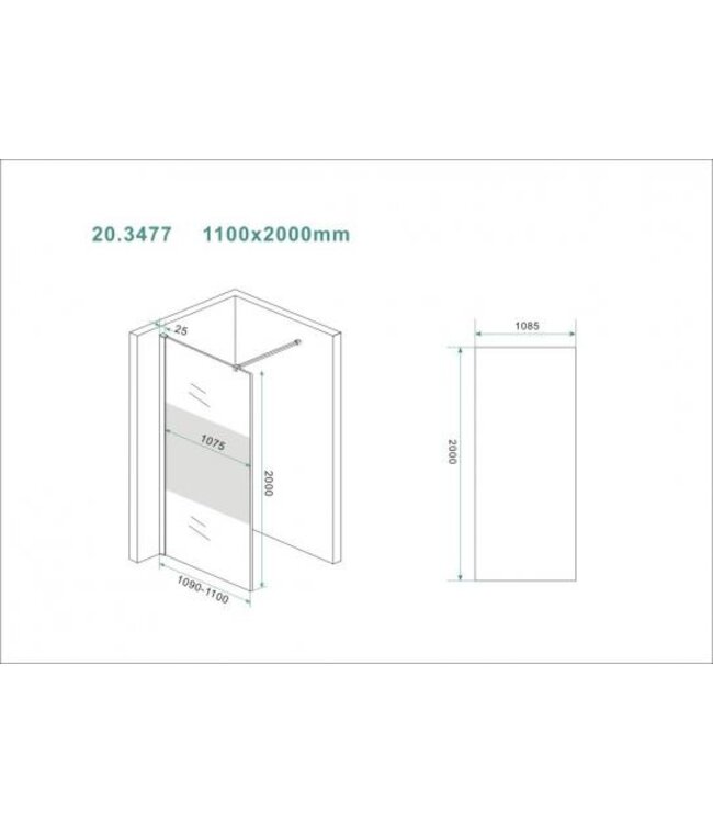 Wiesbaden Inloopdouche Douchewand Slim Helder glas met melkglas 110cm - 8mm veiligheidsglas met antikalk - 20.3477