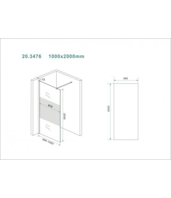 Wiesbaden Inloopdouche Douchewand Slim Helder glas met melkglas 100cm - 8mm veiligheidsglas met antikalk - 20.3476