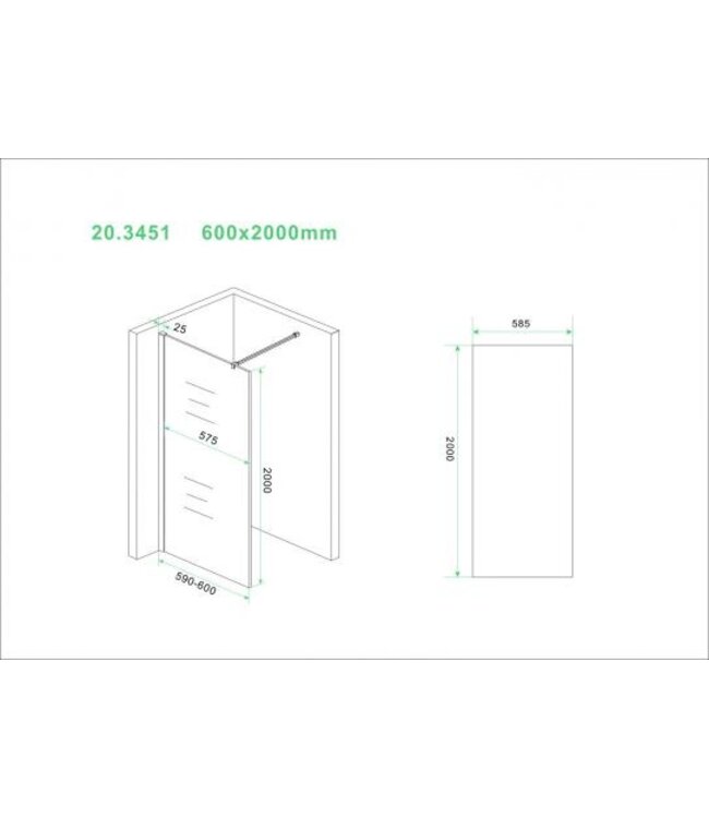Wiesbaden Inloopdouche Douchewand Slim Helder glas 60cm - 8mm veiligheidsglas met antikalk - 20.3451