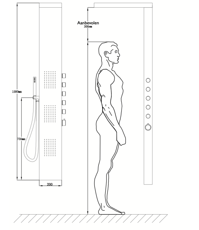 Douchepaneel Xellanz Ohio RVS 158x20cm Thermostaatkraan Regendouche Massagejets - 29.3752
