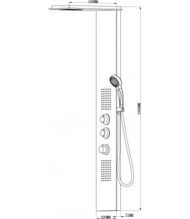 Wiesbaden Douchepaneel Xellanz Ontario RVS 150x22cm Thermostaatkraan Regendouche Massagejets - 29.3753