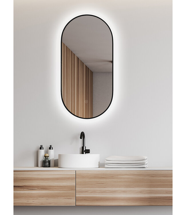 Spiegel ovaal Wiesbaden Nomi 50x100cm Mat Zwart met LED, dimbaar en spiegelverwarming - 38.3712