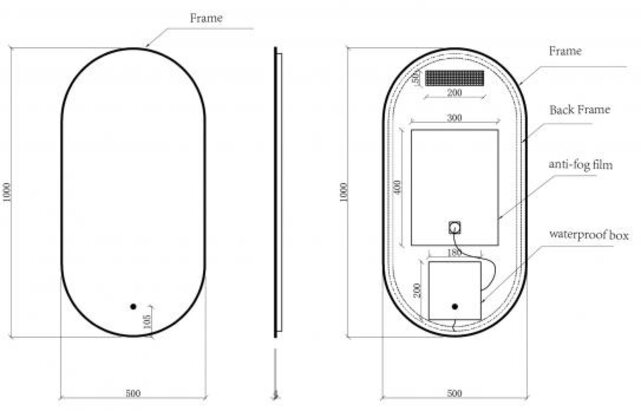 Spiegel ovaal Wiesbaden Nomi 50x100cm Mat Zwart met LED, dimbaar en spiegelverwarming - 38.3712