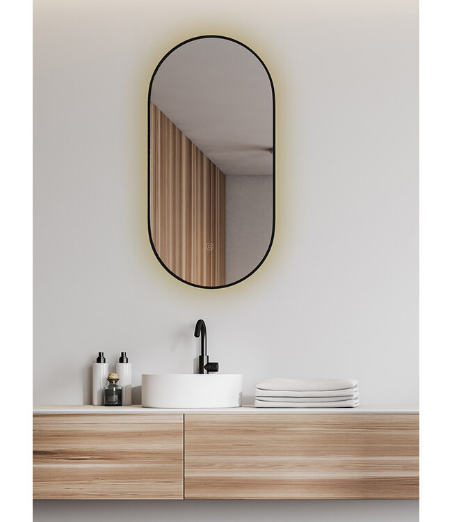Wiesbaden Spiegel ovaal Wiesbaden Nomi 50x100cm Mat Zwart met LED, dimbaar en spiegelverwarming - 38.3712