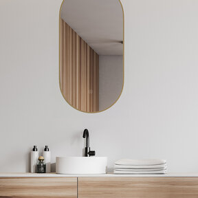 Spiegel ovaal Wiesbaden Nomi 50x100cm Geborsteld Messing met LED, dimbaar en spiegelverwarming - 38.3711