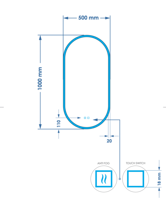 Spiegel ovaal Gliss Orion Satine 50x100cm met LED, dimbaar en spiegelverwarming