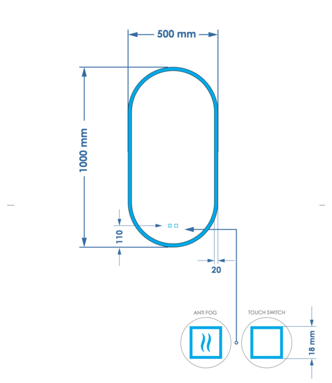 Spiegel ovaal Gliss Orion Satine 50x100cm met LED, dimbaar en spiegelverwarming