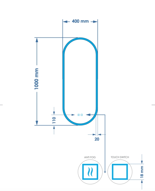 Spiegel ovaal Gliss Orion Satine 40x100cm met LED, dimbaar en spiegelverwarming