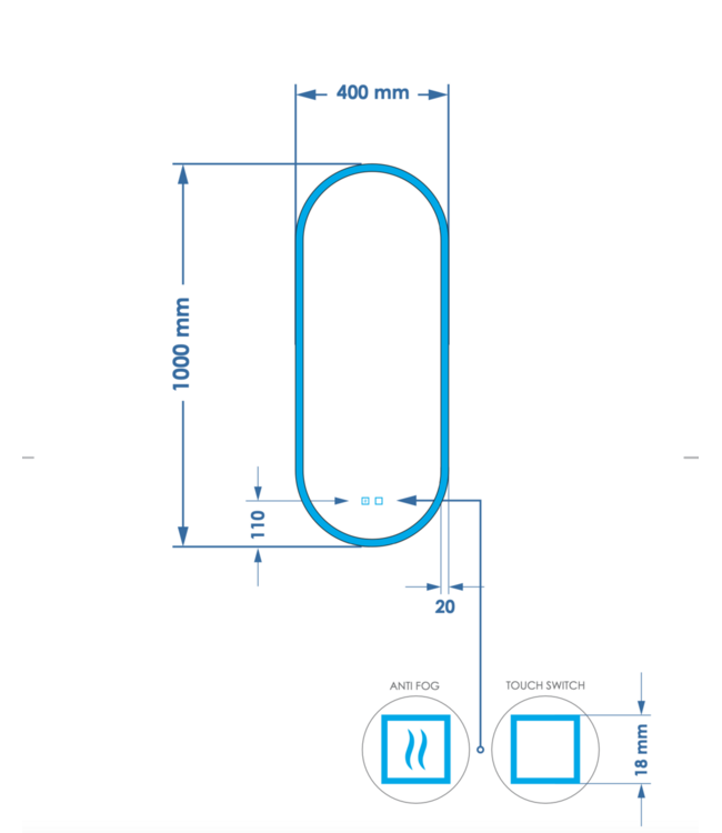 Spiegel ovaal Gliss Orion Satine 40x100cm met LED, dimbaar en spiegelverwarming