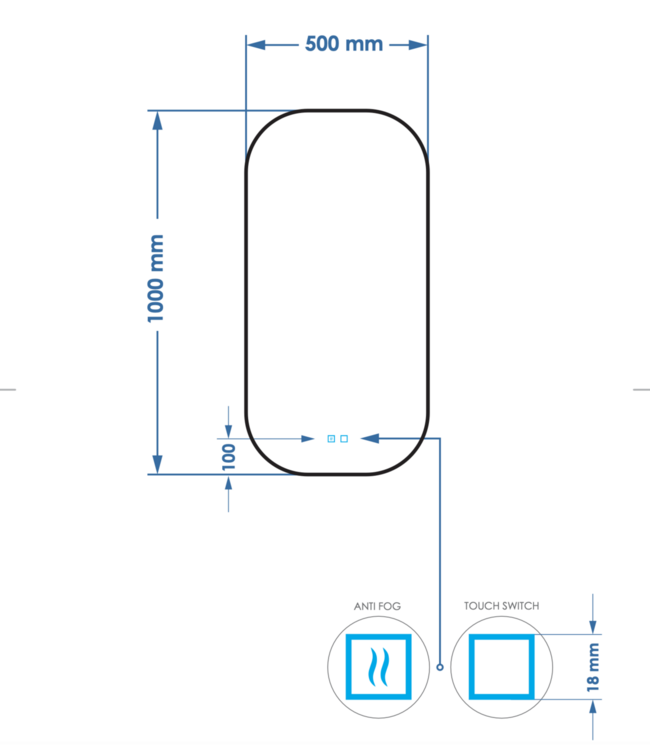 Spiegel ovaal Gliss Notus 50x100cm met LED, dimbaar en spiegelverwarming