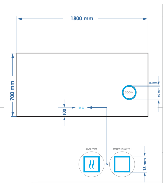 Spiegel rechthoek Gliss Lumin 180x70cm met scheerspiegel - Touch LED - dimbaar en spiegelverwarming