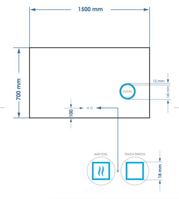 Spiegel rechthoek Gliss Lumin 160x70cm met scheerspiegel - Touch LED - dimbaar en spiegelverwarming