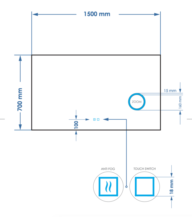 Spiegel rechthoek Gliss Lumin 150x70cm met scheerspiegel - Touch LED - dimbaar en spiegelverwarming