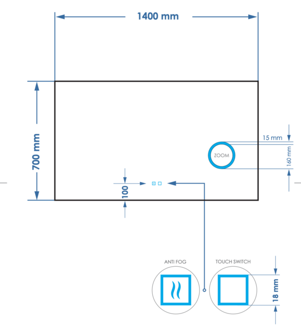 Spiegel rechthoek Gliss Lumin 140x70cm met scheerspiegel - Touch LED - dimbaar en spiegelverwarming