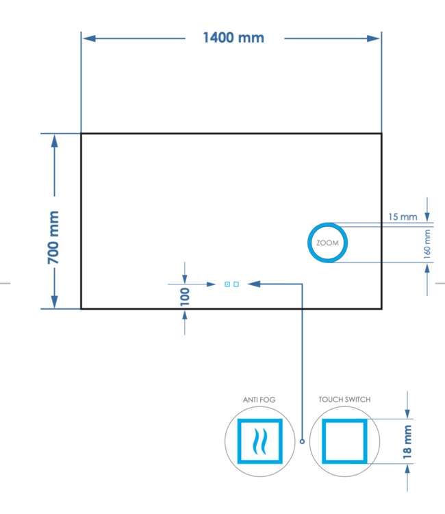 GLISS DESIGN Spiegel rechthoek Gliss Lumin 140x70cm met scheerspiegel - Touch LED - dimbaar en spiegelverwarming