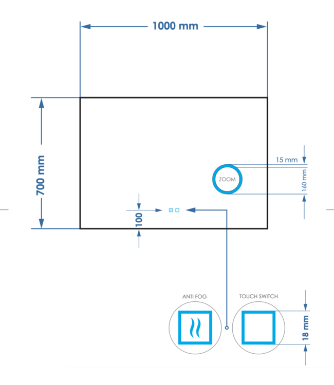 Spiegel rechthoek Gliss Lumin 100x70cm met scheerspiegel - Touch LED - dimbaar en spiegelverwarming
