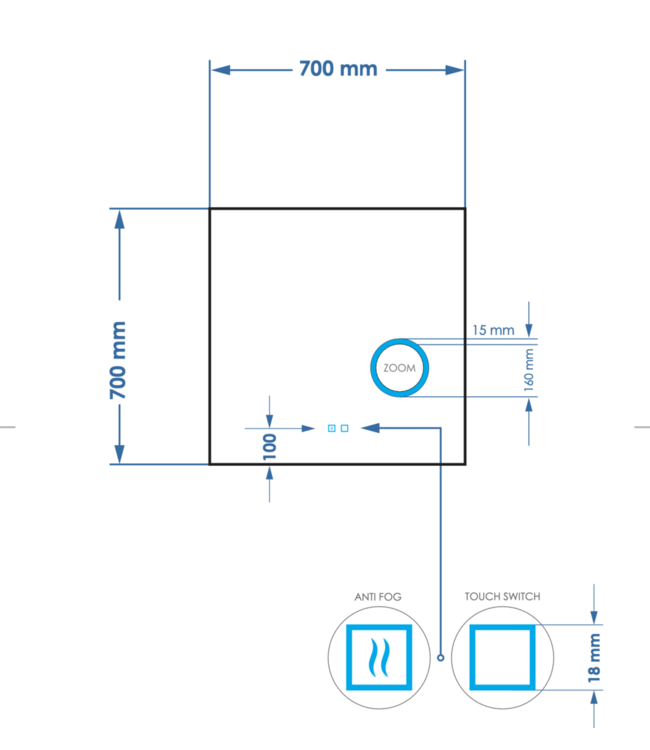 Spiegel rechthoek Gliss Lumin 70x70cm met scheerspiegel - Touch LED - dimbaar en spiegelverwarming