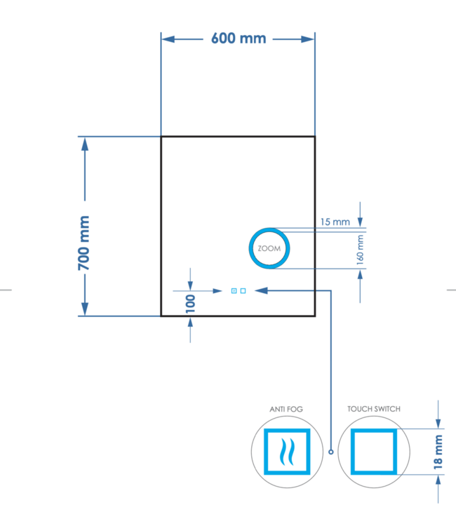 GLISS DESIGN Spiegel rechthoek Gliss Lumin 60x70cm met scheerspiegel - Touch LED - dimbaar en spiegelverwarming
