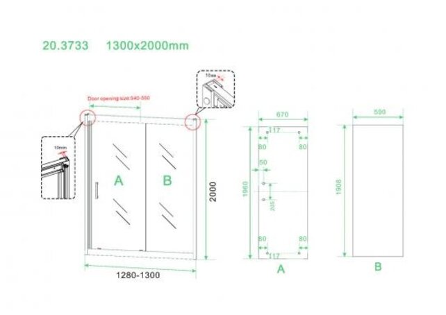Douchecabine Skyline 130x90cm Mat Zwart - Schuifdeur - 8mm Helder glas met Nano-coating - 20.3745