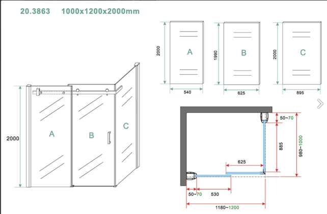 Douchecabine Wiesbaden Pared 120x90x200cm 1 schuifdeur 8mm helder glas met nano - 20.3851