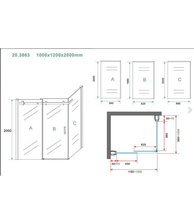 Douchecabine Wiesbaden Pared 120x90x200cm 1 schuifdeur 8mm helder glas met nano - 20.3851