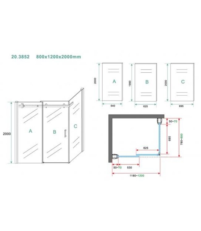 Douchecabine Wiesbaden Pared 120x80x200cm 1 schuifdeur 8mm helder glas met nano - 20.3852