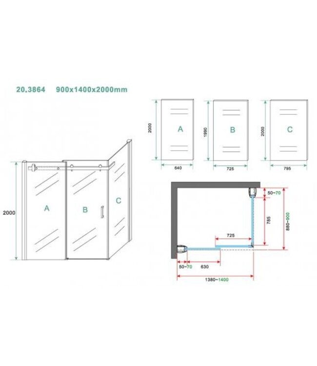Wiesbaden Douchecabine Wiesbaden Pared 140x90x200cm 1 schuifdeur 8mm helder glas met nano - 20.3864