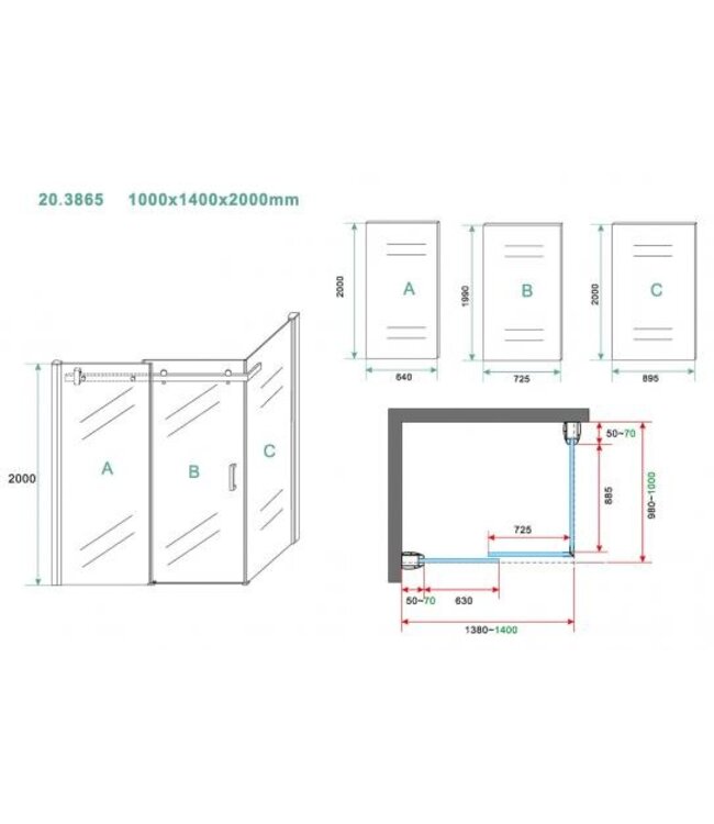 Douchecabine Wiesbaden Pared 140x100x200cm 1 schuifdeur 8mm helder glas met nano - 20.3865