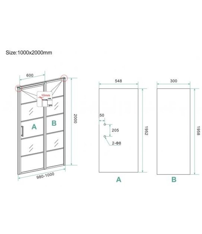 Douchecabine Zwart met Raster Horizon 100x110x200cm - Draaideur - 8mm Helder glas met Nano-coating - 20.5010
