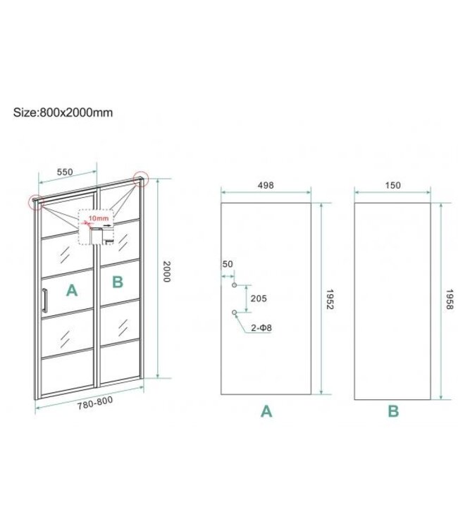 Douchecabine Zwart met Raster Horizon 80x120x200cm - Draaideur - 8mm Helder glas met Nano-coating - 20.5010