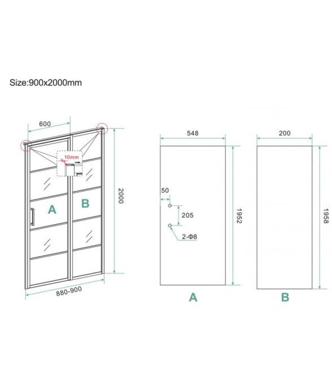 Douchecabine Zwart met Raster Horizon 90x110x200cm - Draaideur - 8mm Helder glas met Nano-coating - 20.5010