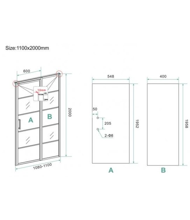 Douchecabine Zwart met Raster Horizon 110x90x200cm - Draaideur - 8mm Helder glas met Nano-coating - 20.5010