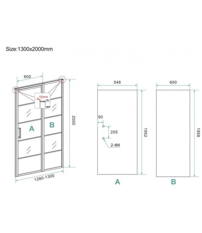 Douchecabine Zwart met Raster Horizon 130x120x200cm - Draaideur - 8mm Helder glas met Nano-coating - 20.5010