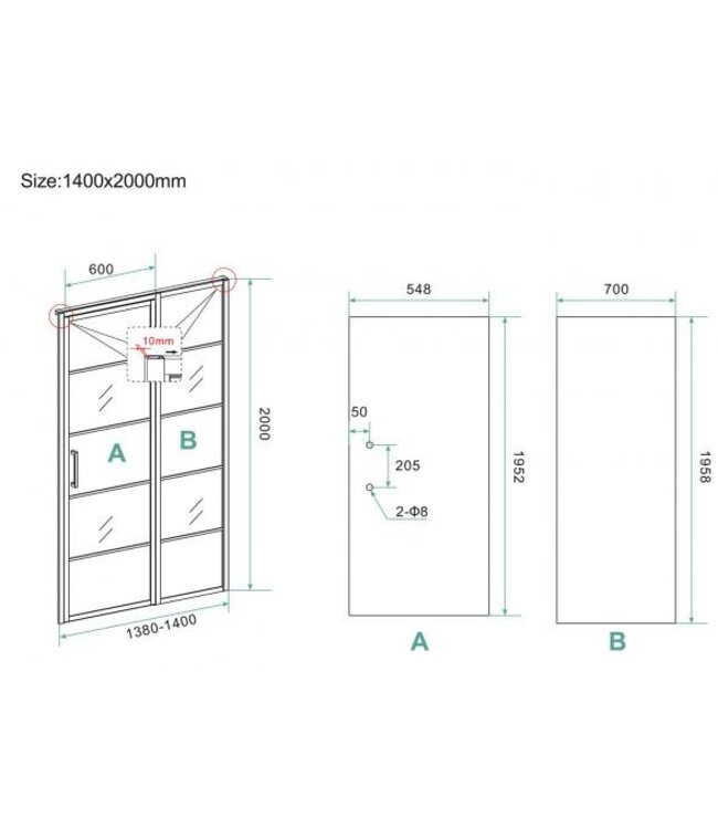 Douchecabine Zwart met Raster Horizon 140x100x200cm - Draaideur - 8mm Helder glas met Nano-coating - 20.5010