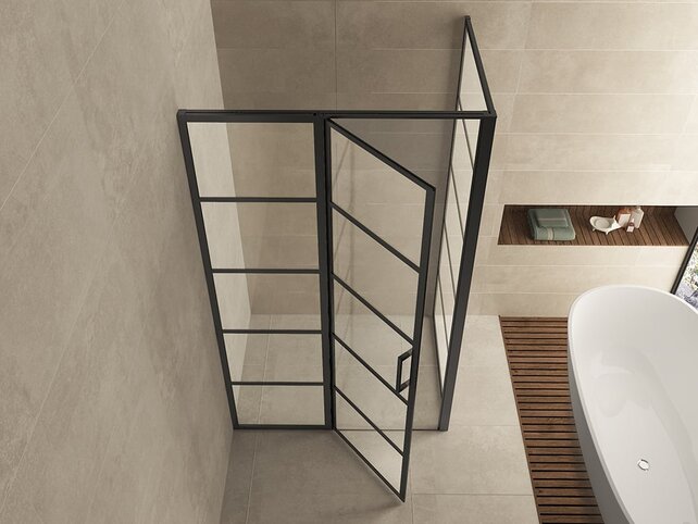 Douchecabine Zwart met Raster Horizon 140x110x200cm - Draaideur - 8mm Helder glas met Nano-coating - 20.5010