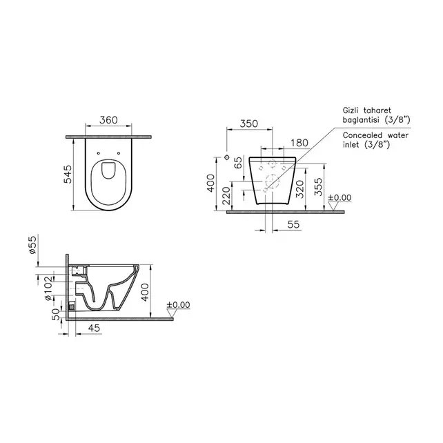 Hangtoilet met bidet Wit⎢VitrA Integra Round⎢Geintegreerde kraan Koud⎢Randloos excl. wc bril