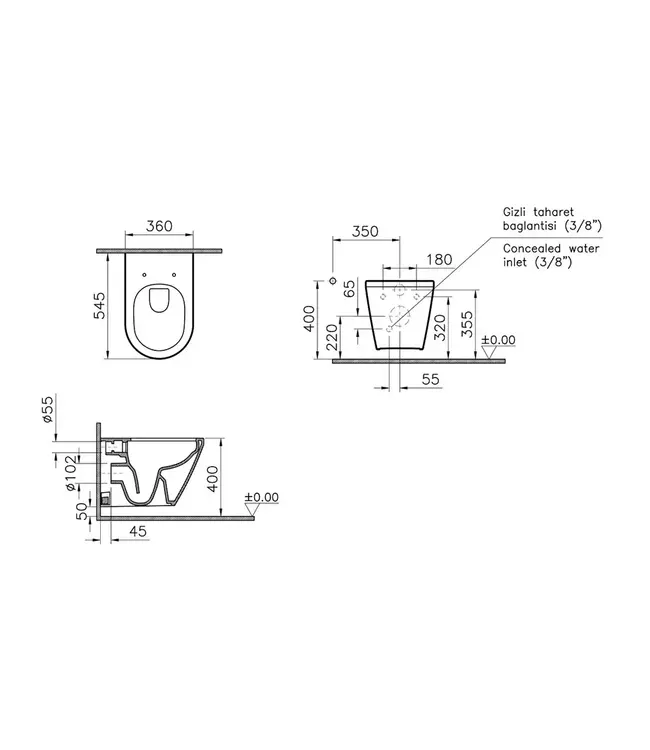 Hangtoilet met bidet Wit Randloos⎢VitrA Integra Round⎢Geintegreerde bidetkraan Warm&Koud⎢excl. wc bril