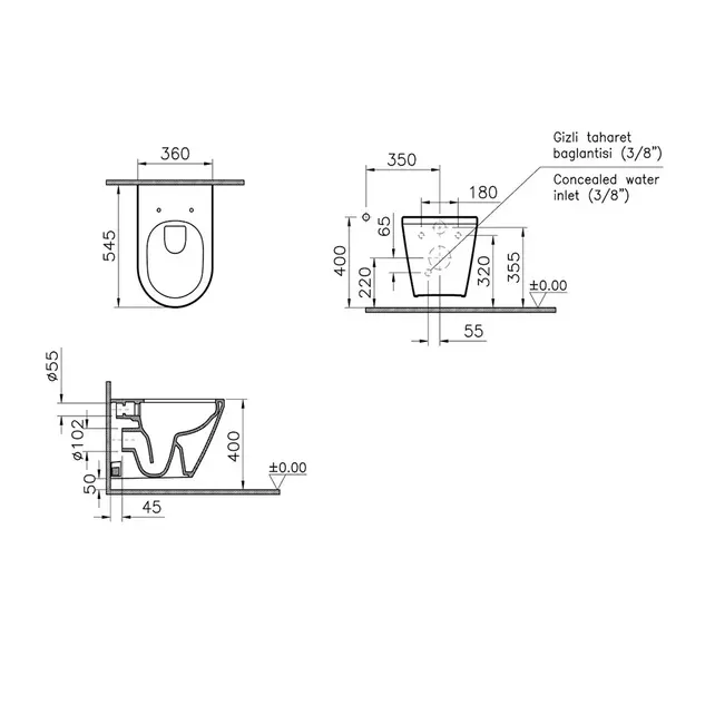 Hangtoilet met bidet Mat Zwart⎢VitrA Integra Round⎢Randloos excl. wc bril