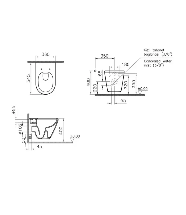 Hangtoilet met bidet Mat Zwart⎢VitrA Integra Round⎢Randloos excl. wc bril