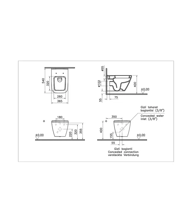 Hangtoilet VitrA Integra Square Mat Zwart⎢Randloos⎢excl. wc bril