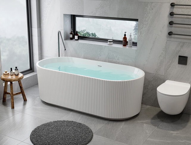 Vrijstaand Bad Rondo⎢Ribbel Verticaal⎢170x80x58cm⎢Mat Wit⎢Acryl incl. afsluitbare sifon