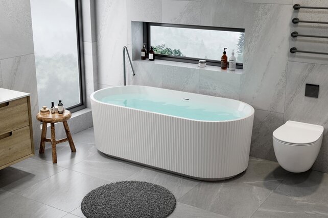 Half Vrijstaand Bad Rondo⎢Ribbel Verticaal⎢170x80x58cm⎢Mat Wit⎢Acryl incl. afsluitbare sifon