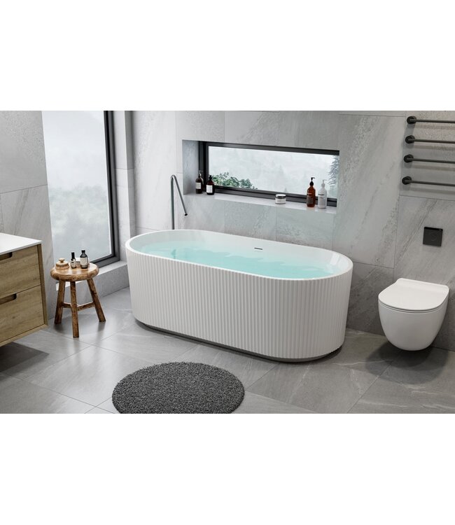 ALONI Half Vrijstaand Bad Rondo⎢Ribbel Verticaal⎢170x80x58cm⎢Mat Wit⎢Acryl incl. afsluitbare sifon