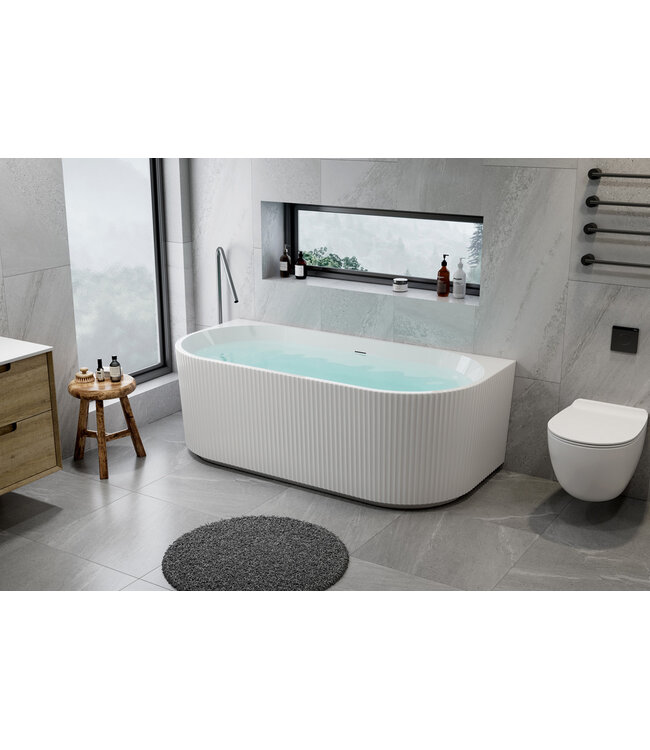 ALONI Half Vrijstaand Bad Rondo⎢Ribbel Verticaal⎢170x80x58cm⎢Mat Wit⎢Acryl incl. afsluitbare sifon