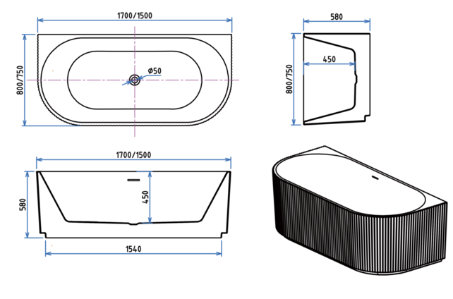 Half Vrijstaand Bad Rondo⎢Ribbel Verticaal⎢170x80x58cm⎢Mat Wit⎢Acryl incl. afsluitbare sifon