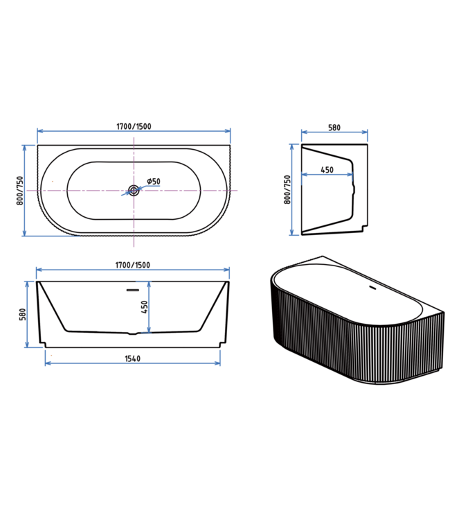 ALONI Half Vrijstaand Bad Rondo⎢Ribbel Verticaal⎢170x80x58cm⎢Mat Wit⎢Acryl incl. afsluitbare sifon