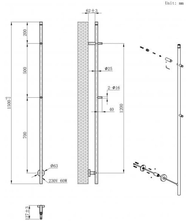 Wiesbaden Elektrische radiator Staaf⎢Wiesbaden Callista⎢Gunmetal⎢150cm- 60 Watt - 41.3522
