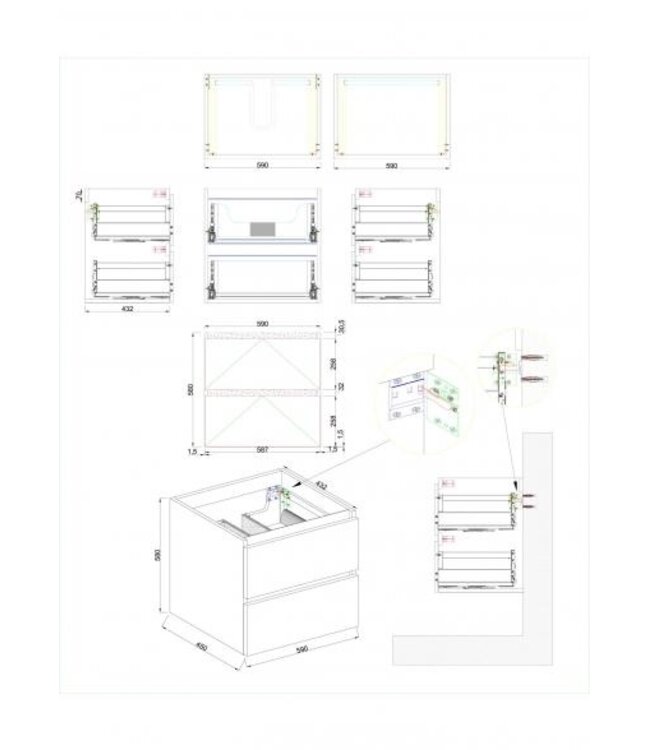 Wastafelonderkast Wiesbaden Marmaris 60x45cm⎢Mat Zwart⎢2 lades - 1 uitsparing - 32.3670