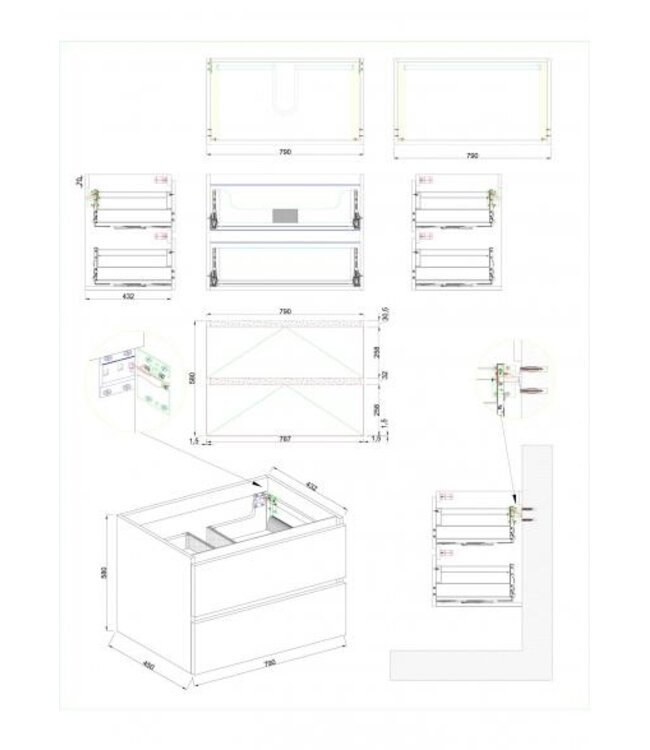 Wastafelonderkast Wiesbaden Marmaris 80x45cm⎢Mat Zwart⎢2 lades - 1 uitsparing - 32.3671